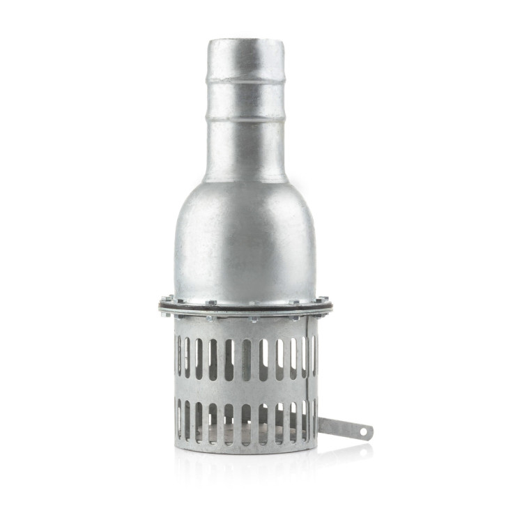 Suction strainer with bottom valve and hose connector 