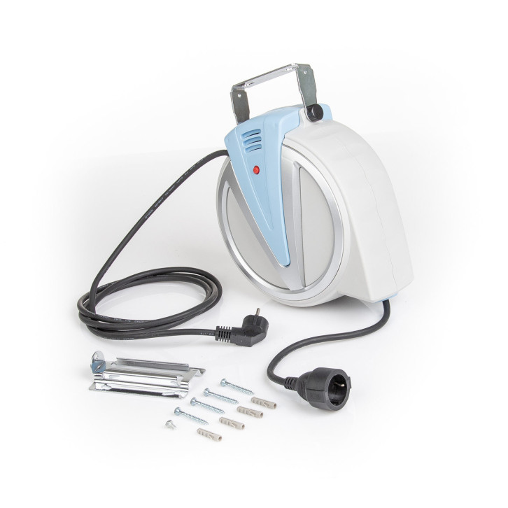 Cable reel with automatic roller and blocking device 